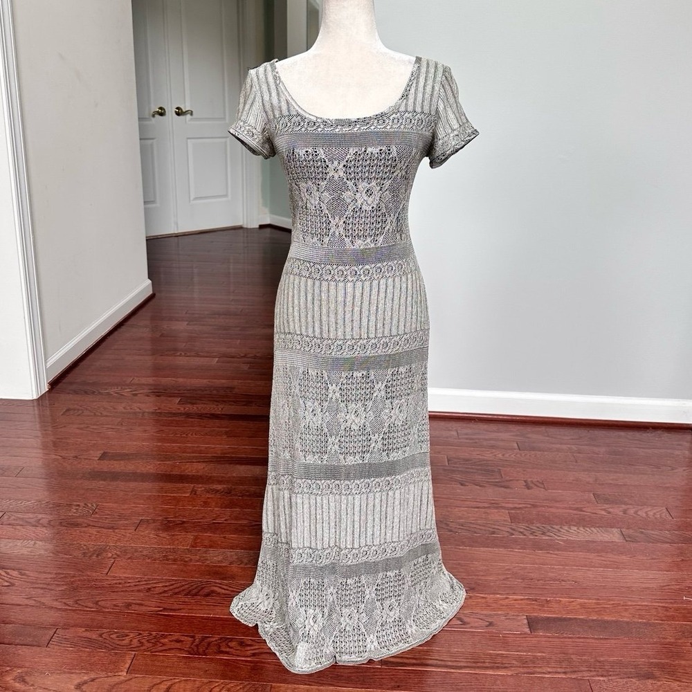 Vintage Superstition New York Silver Grey Fringe Lace Scoop Neck Maxi Gown Dress